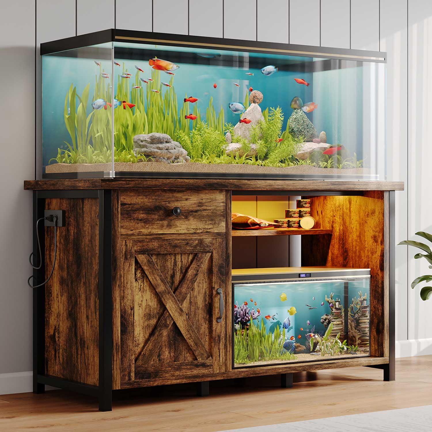 4ever2buy 55-75 Gallon Fish Tank Stand with Power Outlets, LED Light, Heavy Duty Aquarium Stand with Cabinet for Fish Tank Accessories Storage, for Turtle Tank, Reptile Terrarium, 1100LBS, Black