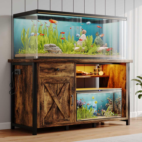 4ever2buy 55-75 Gallon Fish Tank Stand with Power Outlets, LED Light, Heavy Duty Aquarium Stand with Cabinet for Fish Tank Accessories Storage, for Turtle Tank, Reptile Terrarium, 1100LBS, Black