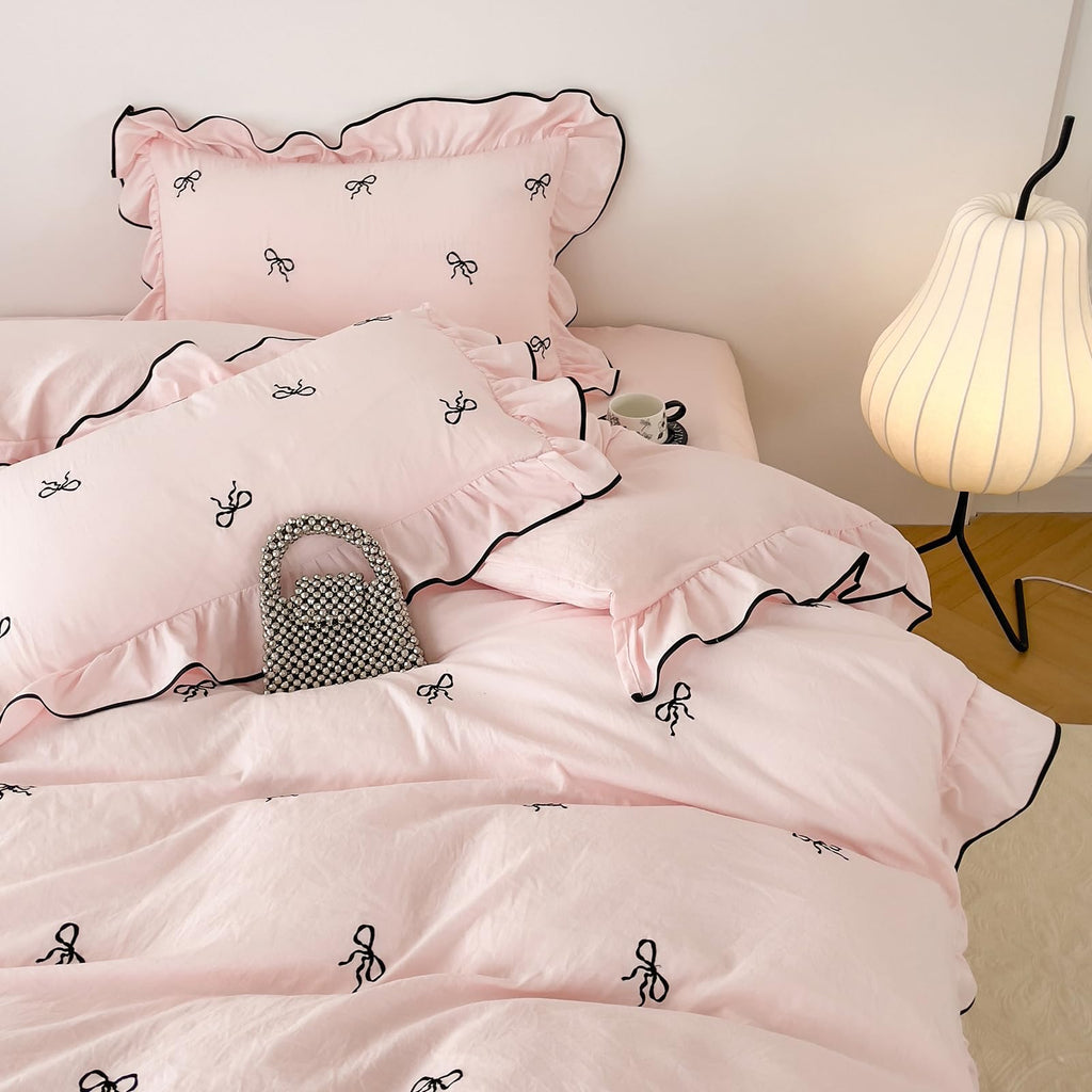 Pink Flower Duvet Cover Twin Chic Floral Print Ruffle Duvet Cover Cotton Lace Comforter Cover Country Style Floral Bedding Set Romantic Ruffle Comforter Cover Flower Bedding Cover with 2 Pillowcases