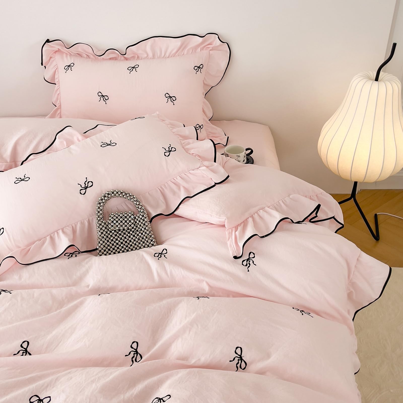 Pink Flower Duvet Cover Twin Chic Floral Print Ruffle Duvet Cover Cotton Lace Comforter Cover Country Style Floral Bedding Set Romantic Ruffle Comforter Cover Flower Bedding Cover with 2 Pillowcases