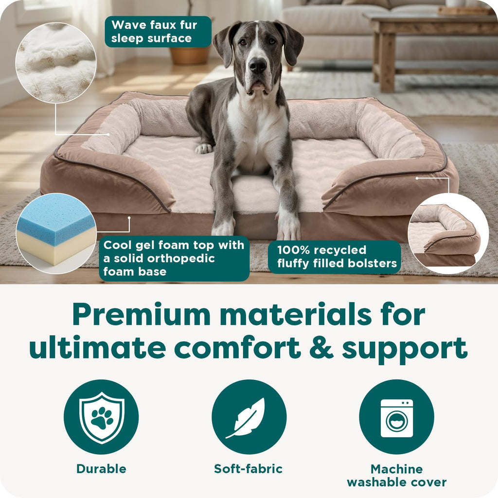 Furhaven Cooling Gel Dog Bed for Medium/Small Dogs w/ Removable Bolsters & Washable Cover, For Dogs Up to 35 lbs - Plush & Velvet Waves Perfect Comfort Sofa - Brownstone, Medium