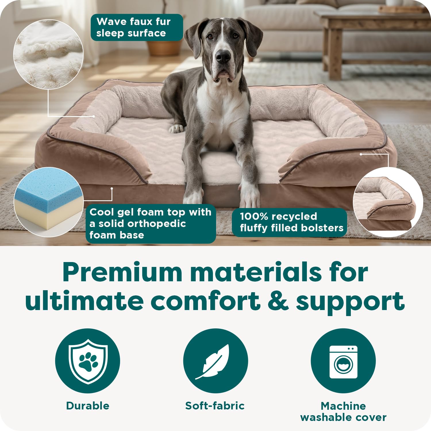 Furhaven Cooling Gel Dog Bed for Medium/Small Dogs w/ Removable Bolsters & Washable Cover, For Dogs Up to 35 lbs - Plush & Velvet Waves Perfect Comfort Sofa - Brownstone, Medium