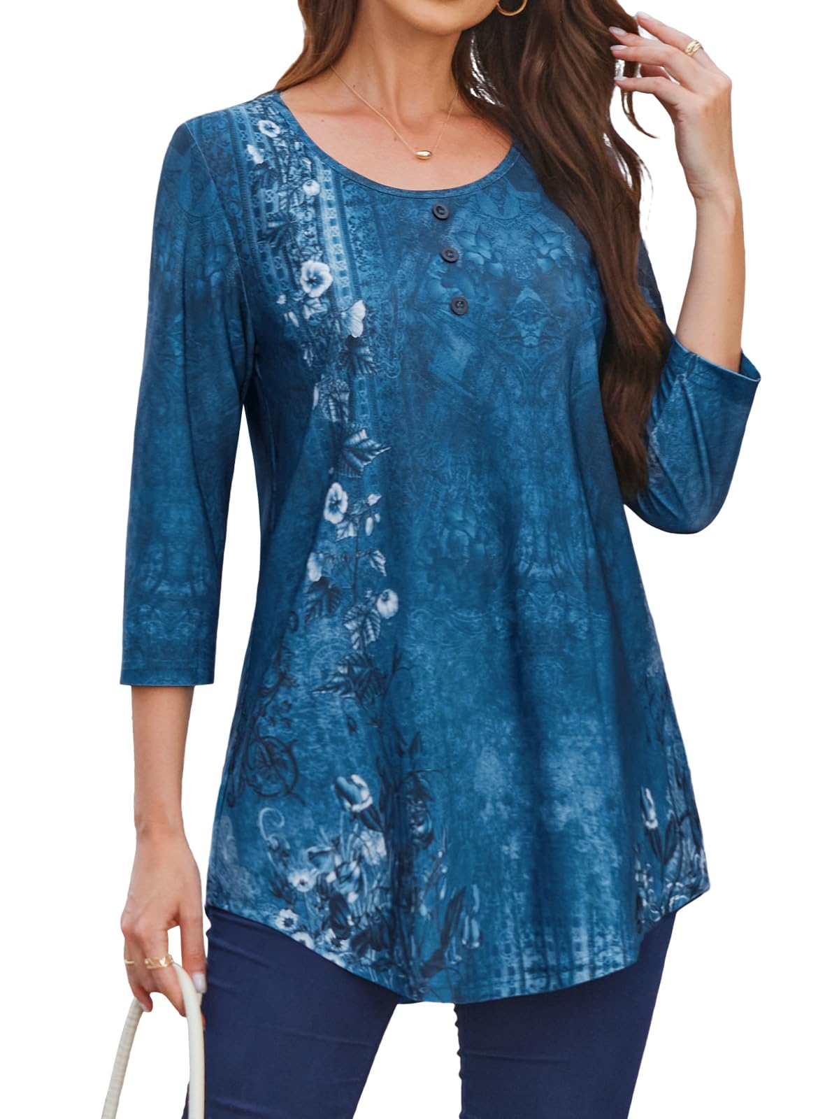 BAISHENGGT Womens Tops 3/4 Sleeve Round Neck Casual Tunic Tops Fall Fashion 2025 Dressy Casual Blouses