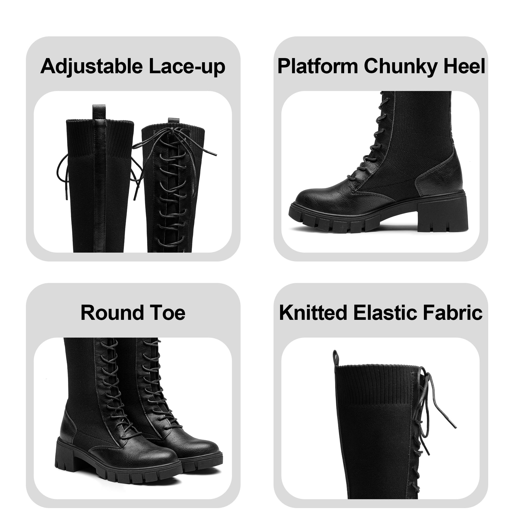 Jeossy Women's Knee High Combat 9603 Boots, Tall Platform Chunky Heel Boots Wide Claf