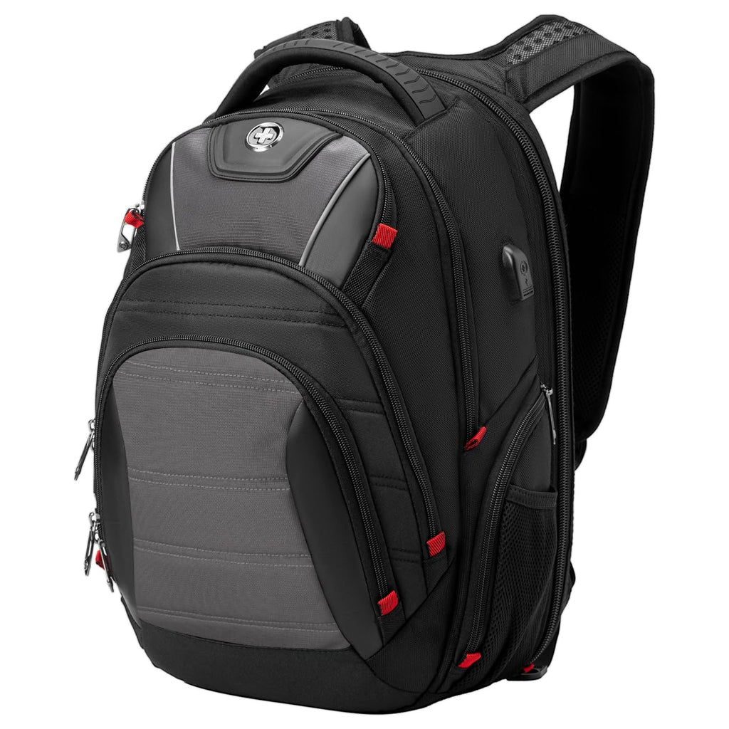 Swissdigital Design Travel Backpack for Women or Men, TSA Friendly USB Charging RFID Protection Business Carry on Bag Fits 15.6" Laptop Backpack Black | J14-BR