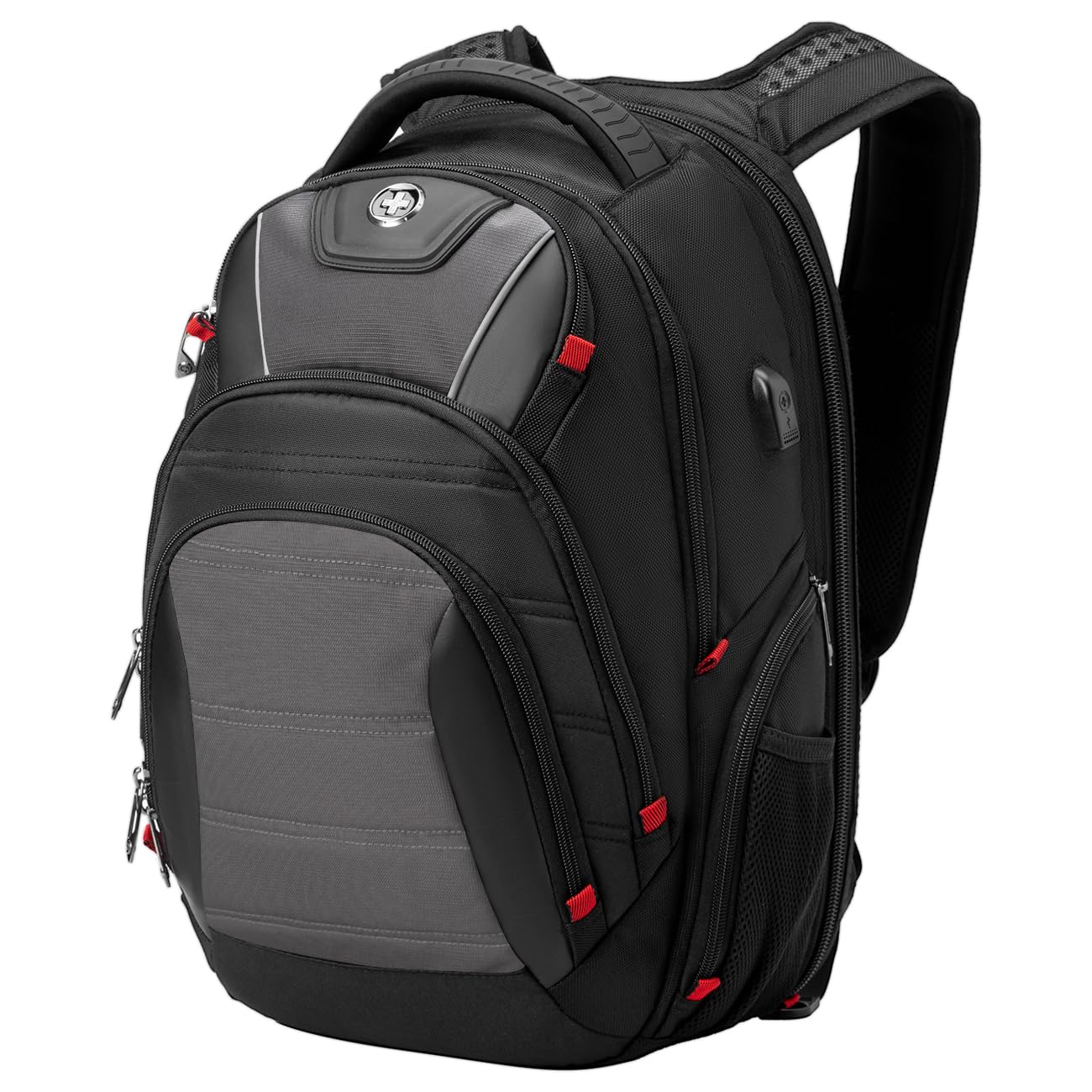 Swissdigital Design Travel Backpack for Women or Men, TSA Friendly USB Charging RFID Protection Business Carry on Bag Fits 15.6" Laptop Backpack Black | J14-BR