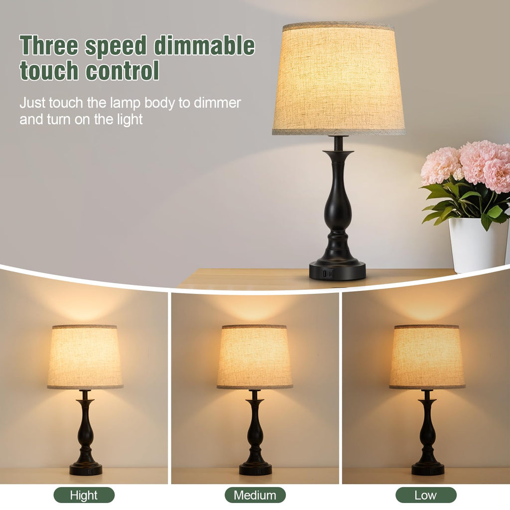 Bedside Table Lamp Touch Control Bedroom Lamps with USB A and C Charging Port 3 Way Dimmable Touch Lamps for Nightstand Living Room Bedroom Dorm Home Office Reading, Set of 2