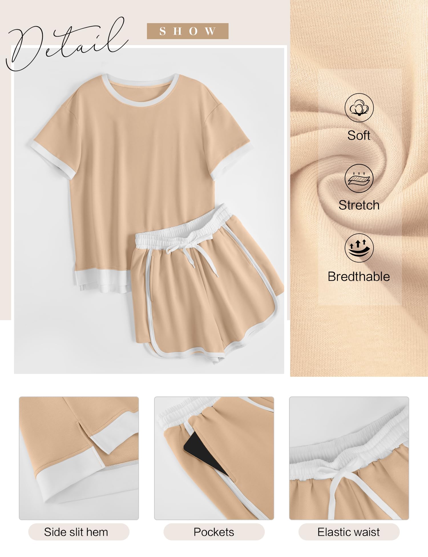 AKEWEI Shorts Sets Women 2 Piece Outfits Casual Short Sleeve Crewneck Tops and Drawstring Shorts Color Block Sets