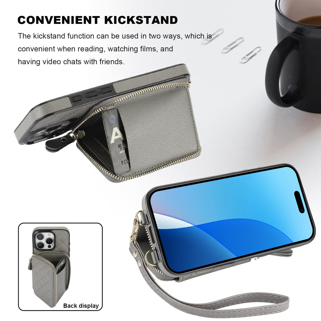 Bocasal Crossbody Wallet Case for iPhone 16 Pro, RFID Blocking PU Leather Zipper Handbag Purse Flip Cover, Kickstand Folio Case with Card Slots Holder Wrist Strap Lanyard 5G 6.3 Inch (Black)