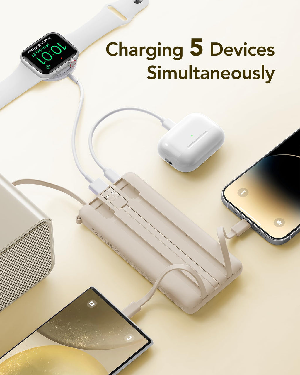 VRURC Portable Charger Power Bank, USB C Battery Pack 10000mAh, Flight-Safe Travel Essentials, 5 Outputs 2 Inputs Slim Phone Charging Bank Built-in Cables for Multi Devices-Lavender(1 Pack)