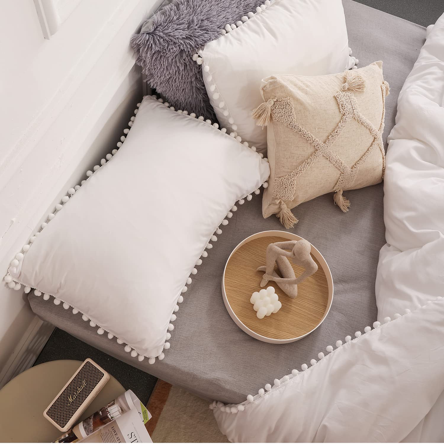 YIRDDEO Twin Comforter Set - Comforter Twin Size Bed with Ball Pom Fringe, Soft Bedding Set for All Seasons - 2 Pieces, 1 Comforter (66"x90") & 1 Pillow Sham(20"x26"), Beige
