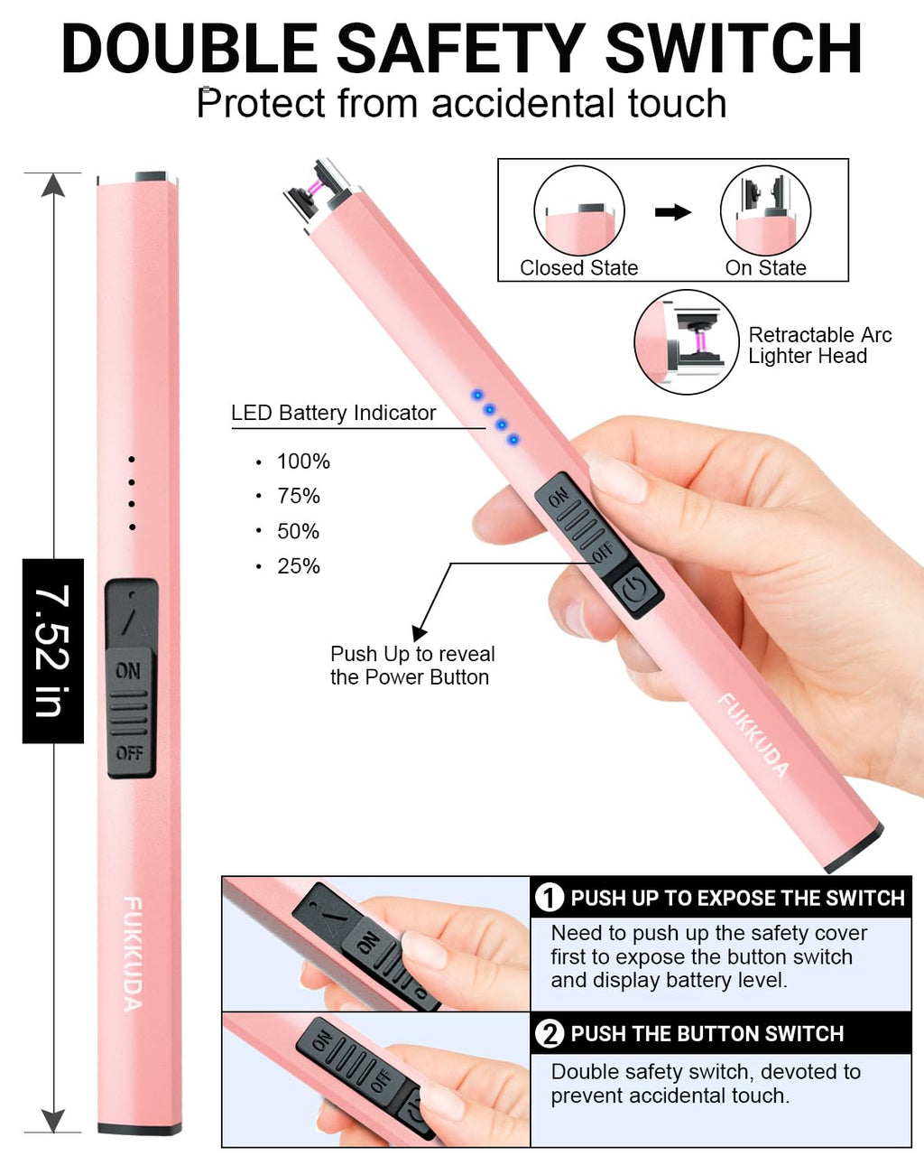 FUKKUDA Electric Candle Lighter with Safety Switch - USB Rechargeable Windproof & Flameless Plasma Arc Lighter for Easter Basket Stuffers (Rose Gold)