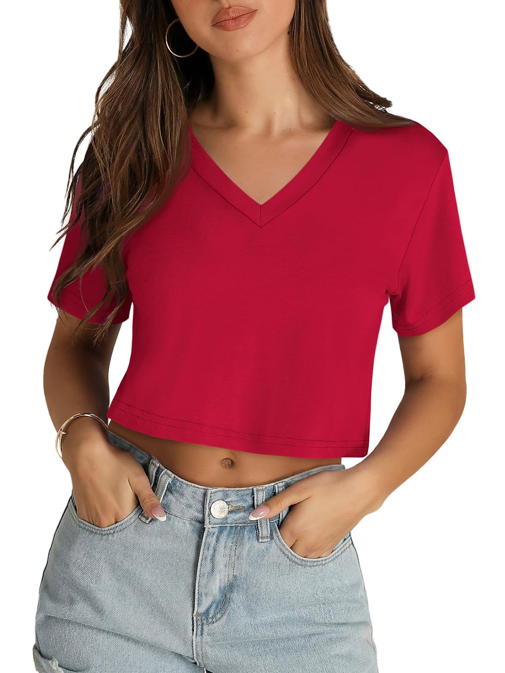 Womens Crop Tops Summer Baisc Tees V Neck T Shirts Casual Short Sleeve Cropped Top 2026
