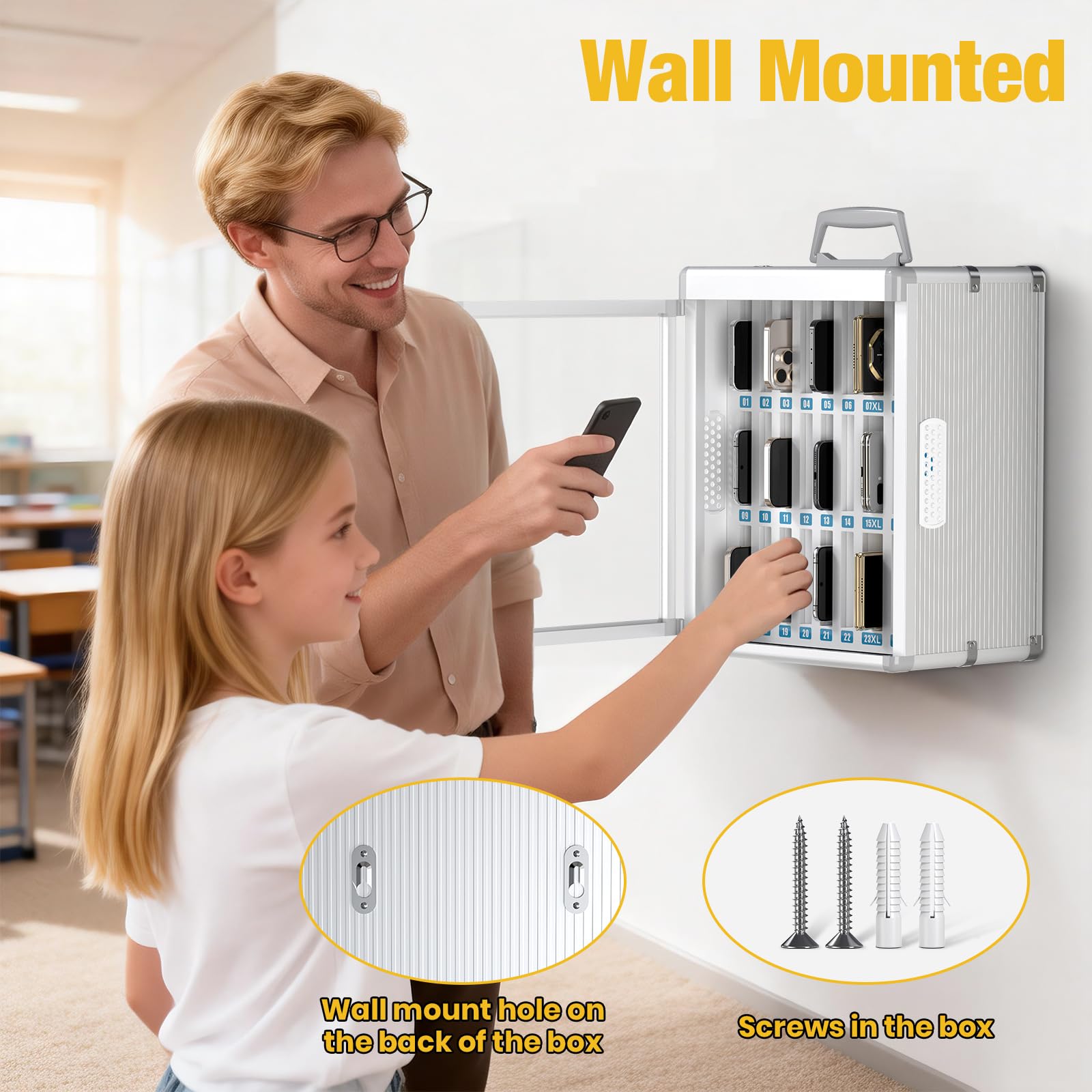 Glosen Cell Phone Locker 24 Slots, Portable Phone Storage Cabinet [Wall Mounted] [Silver 24 Slots-Universal Key ] Aluminum Alloy Cellphone Lock Box with Key & Handle for School Classroom Office Exam