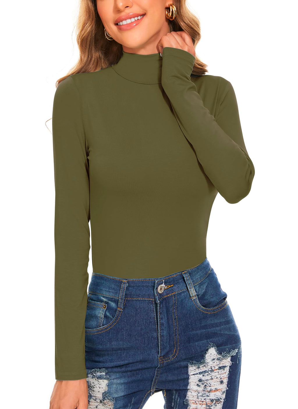Women's Long Sleeve Mock Turtleneck Tops Casual Slim Fitted Lightweight Under Layer Pullover Shirts