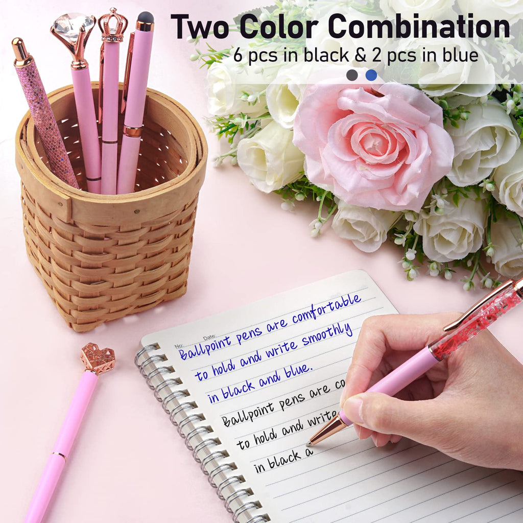 WEMATE 8Pcs Ballpoint Pens Set Metal Crystal Diamond Pen Glitter for Journaling Black Pen Bling in Black & Blue Ink Pretty Cute Pens Fancy Pens Gifts for Women Wedding School Office Desk(Black)
