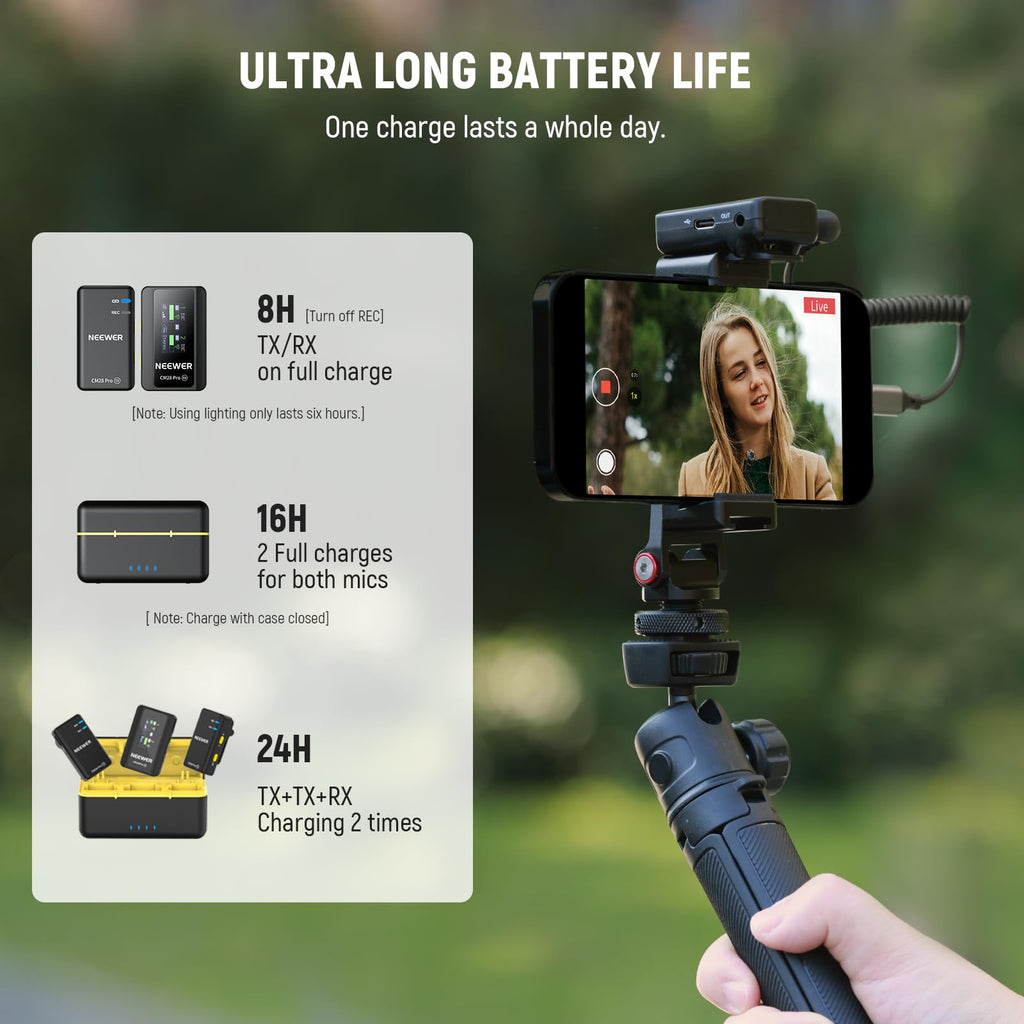 NEEWER CM28 Wireless Lavalier Microphone System, 1 Click Noise Canceling, 4GB Storage for 9Hrs of 48KHz 16 Bit Uncompressed Audio, Lapel Mic Compatible with iPhone/Android/PC/Camera/iPad