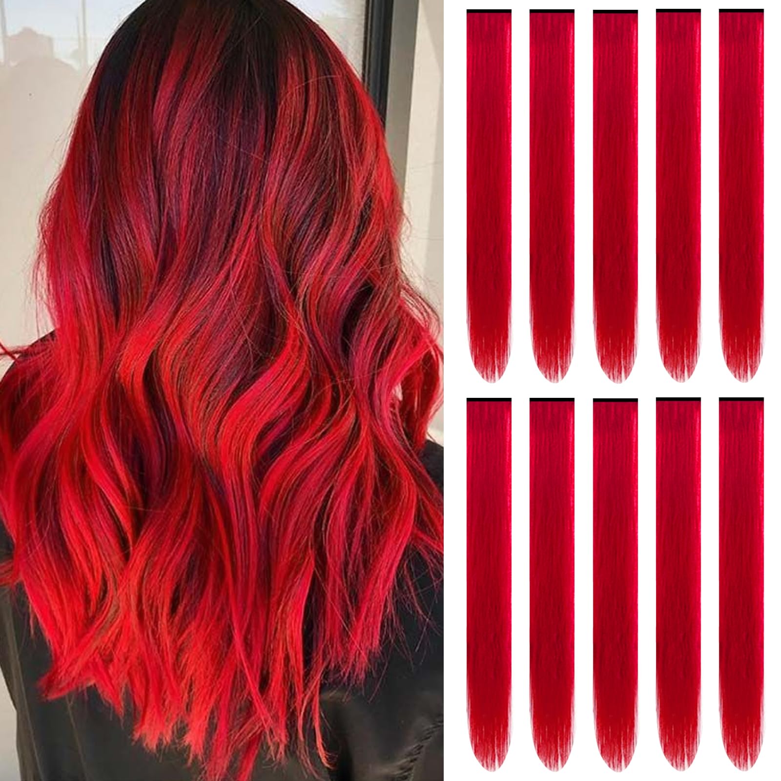 22 inch Colored Hair Extensions,Colorful Clip in Long Straight Synthetic Hair Extensions,Color Party Highlights Hairpieces for Women Girls Cosplay Styling(10 PCS Black)