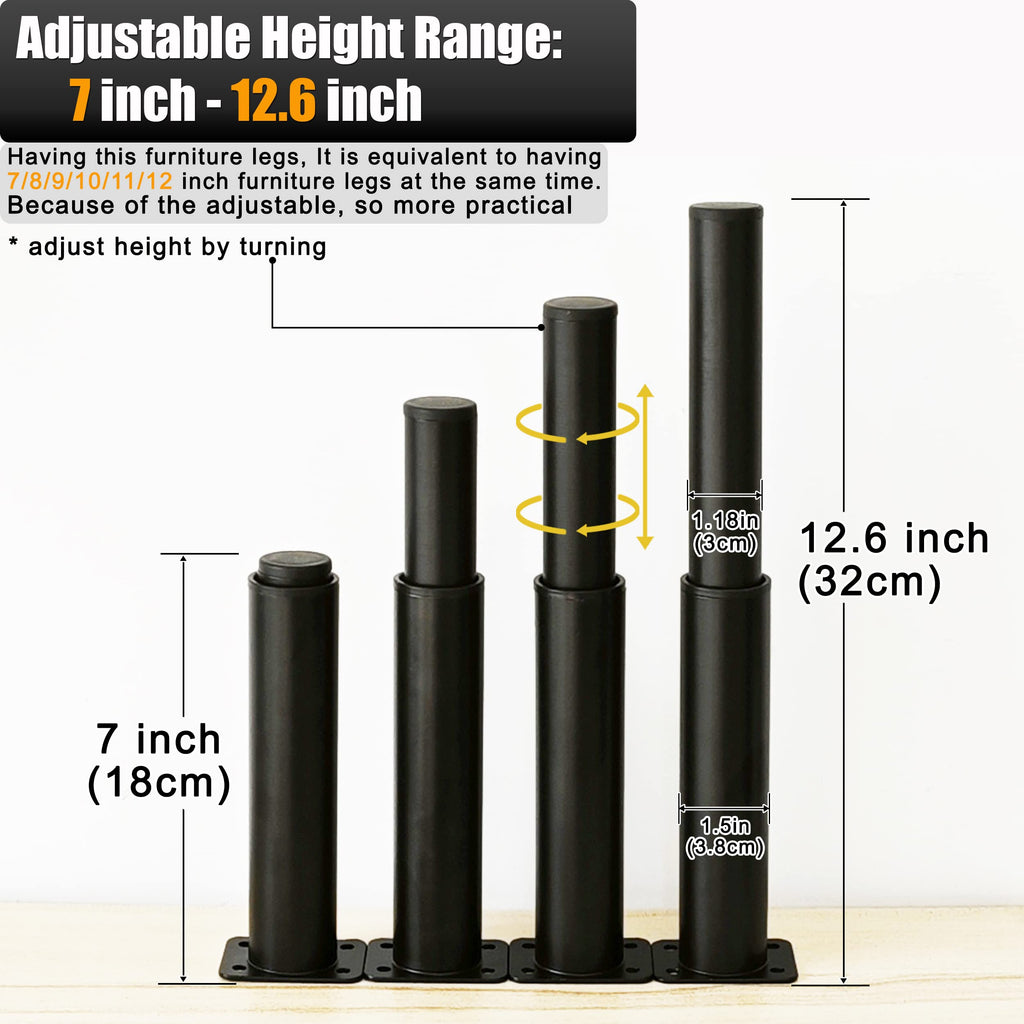 Metal Adjustable Furniture Legs 5.12-9.45 inch, Wlrrcwdttc Sofa Legs Cabinet Legs Adjustable Height Replacement Support Legs for Bed/Couch/Dresser/Chair/Coffee Table, Legs for Furniture Set of 2-Black