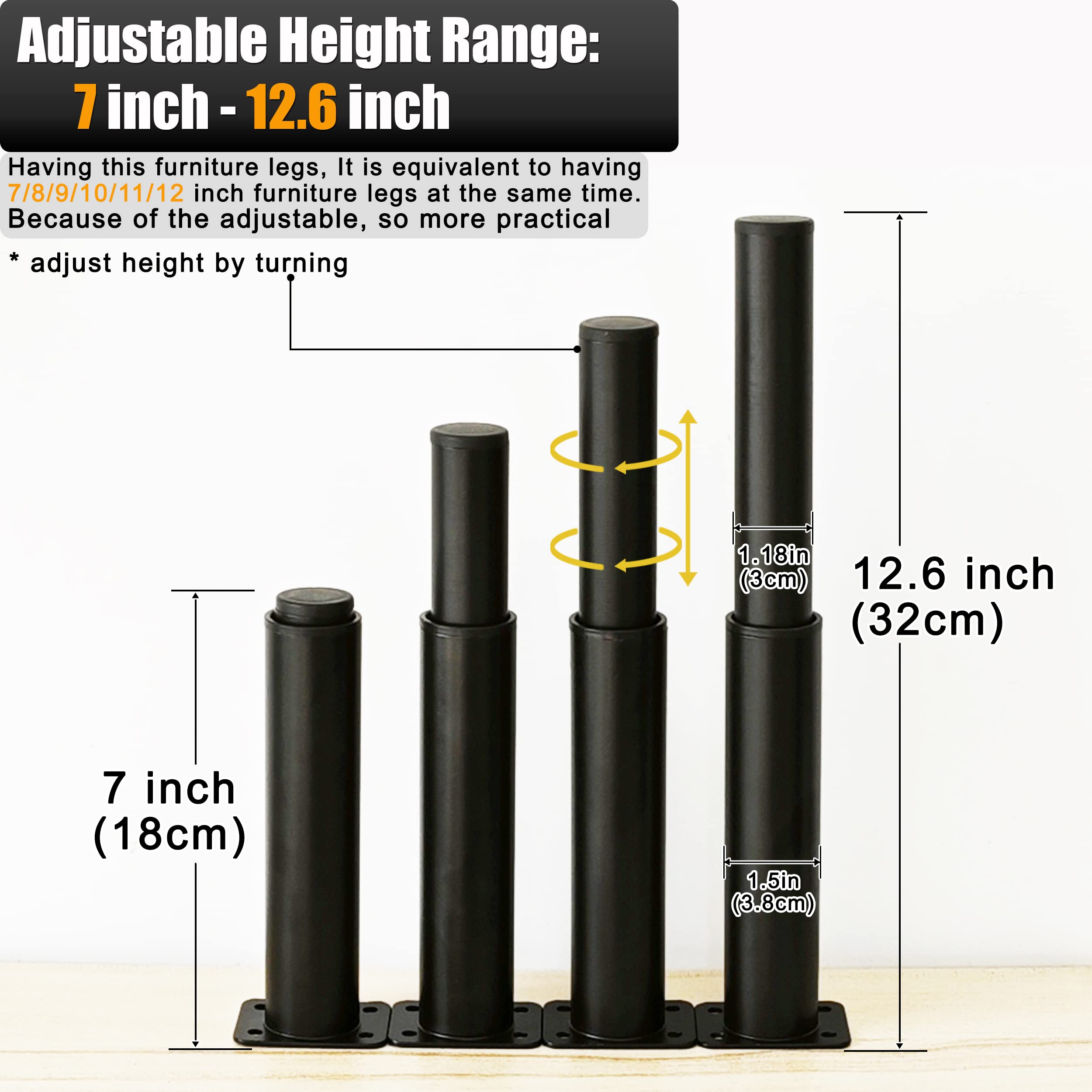 Metal Adjustable Furniture Legs 5.12-9.45 inch, Wlrrcwdttc Sofa Legs Cabinet Legs Adjustable Height Replacement Support Legs for Bed/Couch/Dresser/Chair/Coffee Table, Legs for Furniture Set of 2-Black