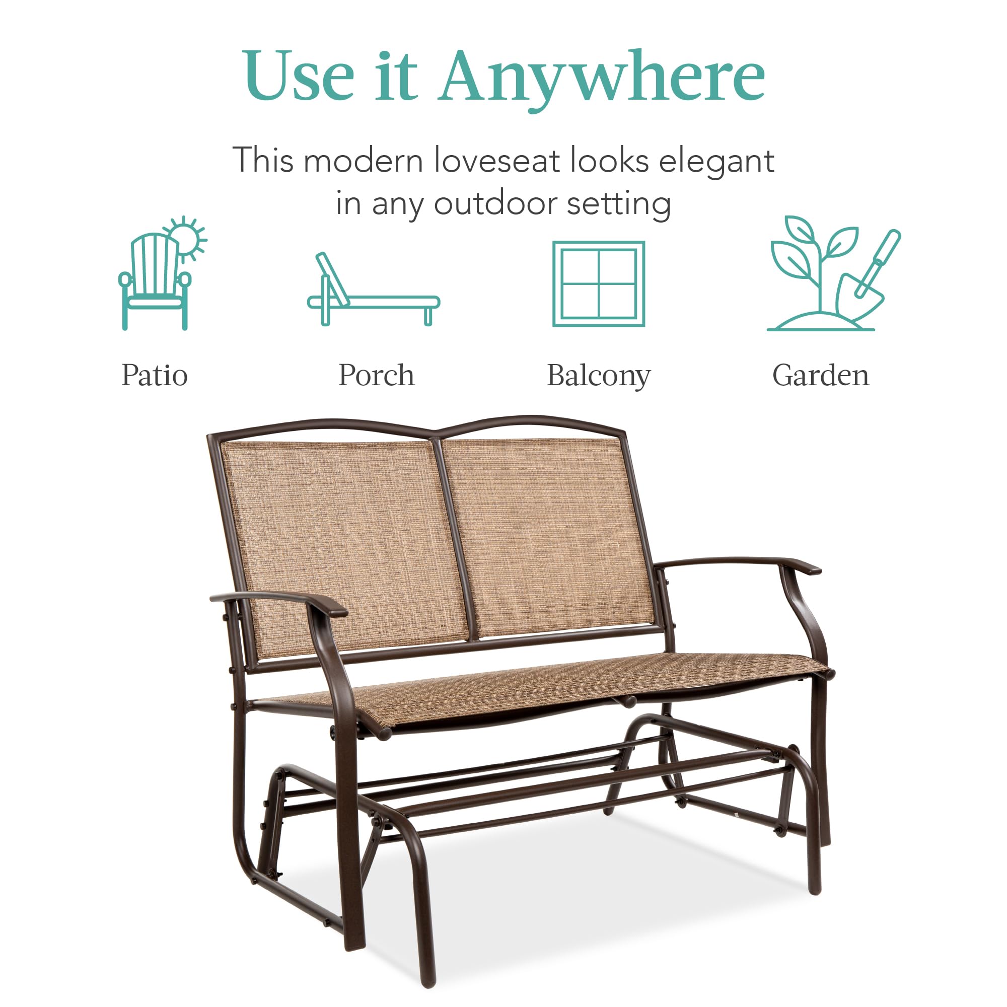 Best Choice Products 2-Person Outdoor Patio Swing Glider Steel Bench Loveseat Rocker for Deck, Porch w/Textilene Fabric, Steel Frame - Black