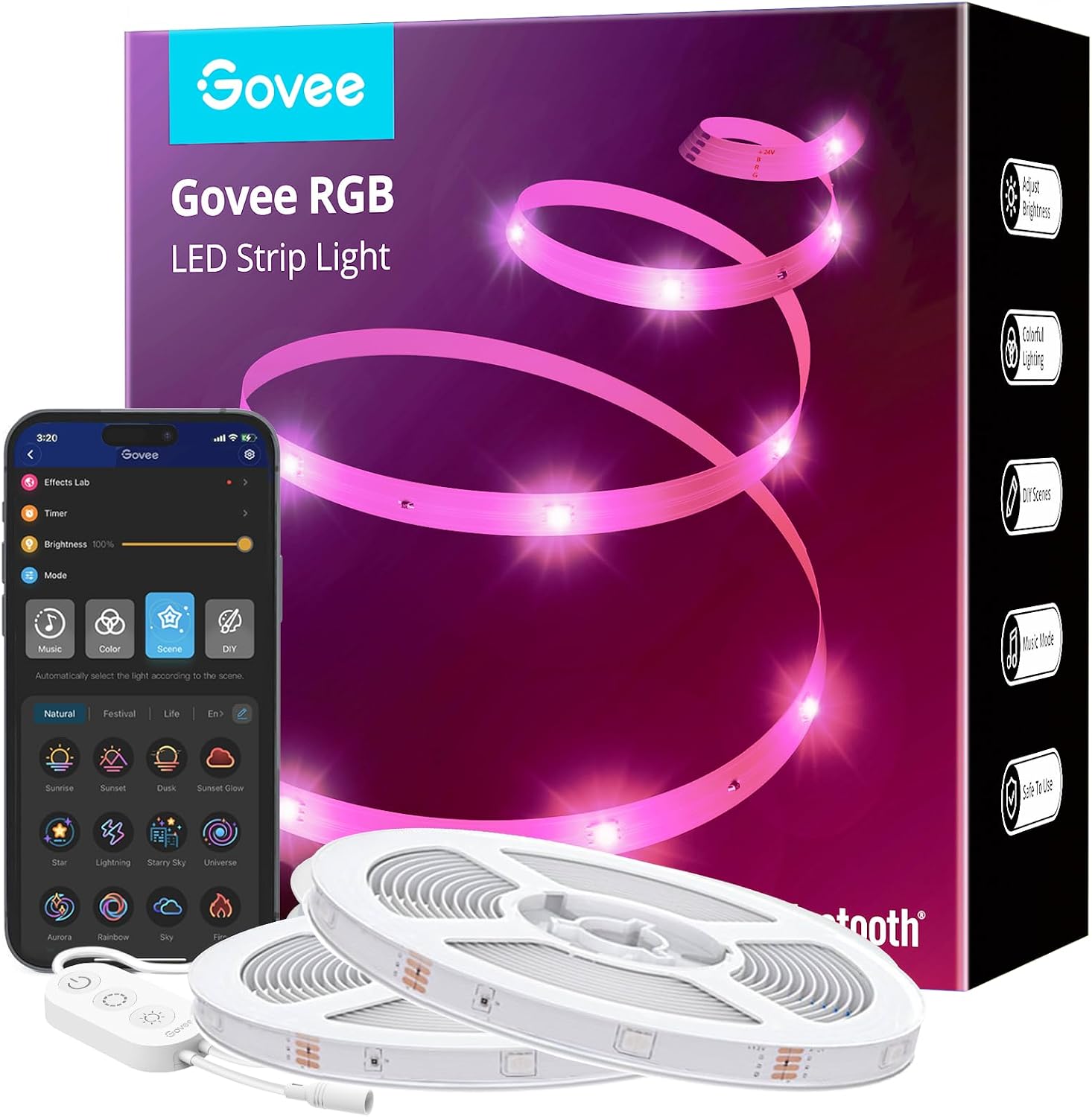 Govee 130ft LED Strip Lights, Bluetooth RGB LED Lights with App Control, 64 Scenes and Music Sync LED Lights Strip for Bedroom, Living Room, Party, ETL Listed Adapter (2 Rolls of 65ft)