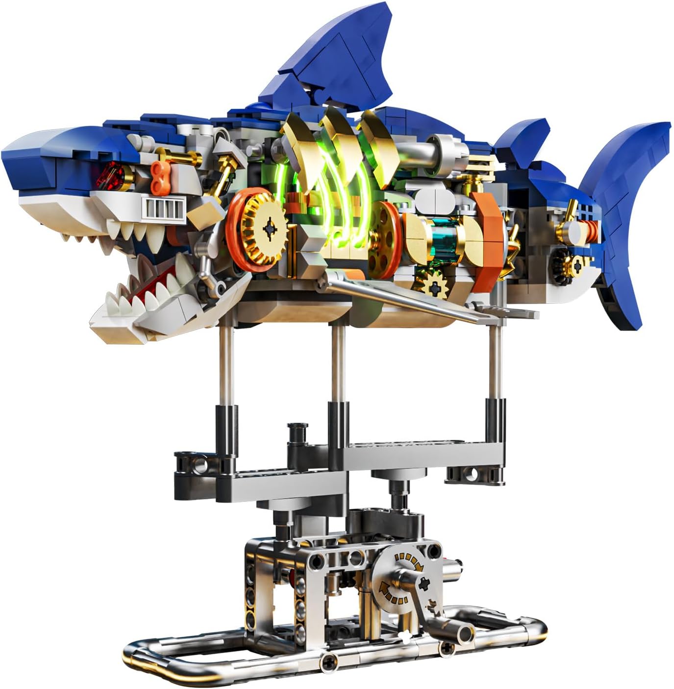 INSOON Mechanical Shark Building Set with LED Light, 687 PCS Interactive Building Block Model with Display Stand, Movable Ocean Animal STEM Toy, Home Decor Gift for Adults Teens Kids Boys Ages 8-12+