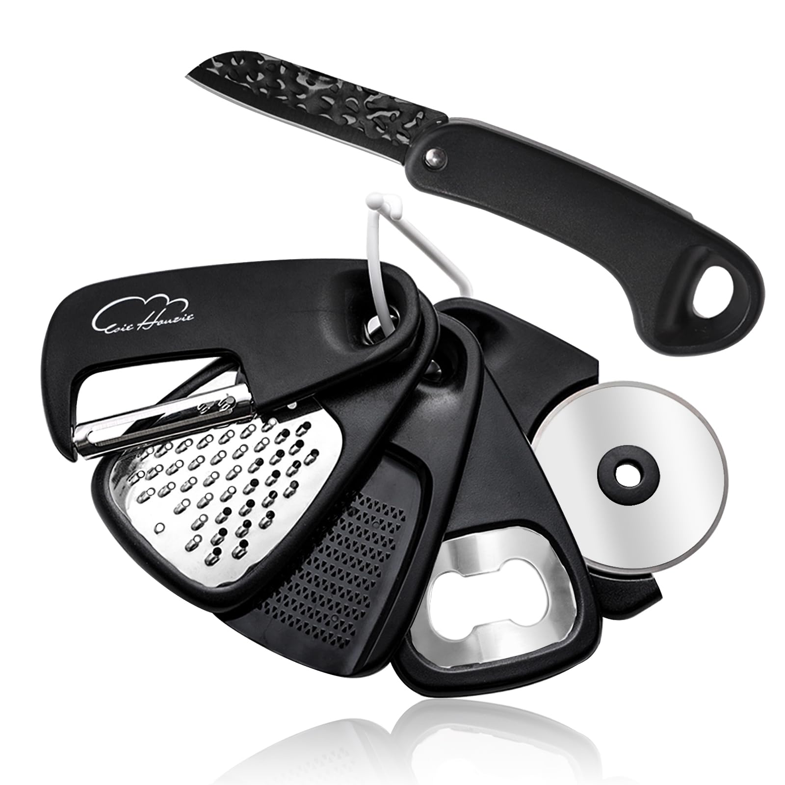 5 Pieces Kitchen Gadgets Set - Space Saving Cooking Tools Accessories Cheese Chocolate Grater, Fruit Vegetable Peeler, Bottle Opener, Pizza Cutter, Burlap Bags with Drawstring Gift Set