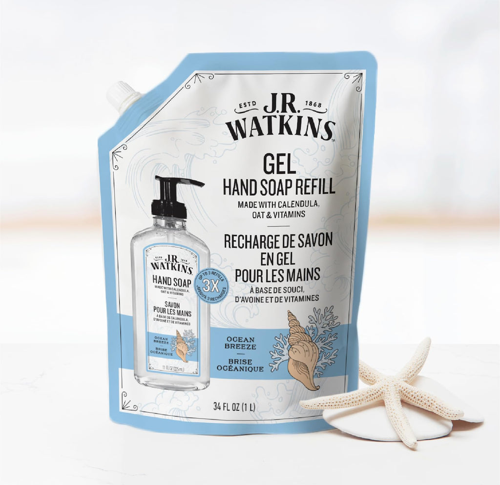 J.R. Watkins Gel Hand Soap Refill, Moisturizing Hand Wash, Formulated with Plant-Based Cleansers, Alcohol-Free, Cruelty-Free, Aloe & Green Tea, 34 Fl Oz, 2 Pack
