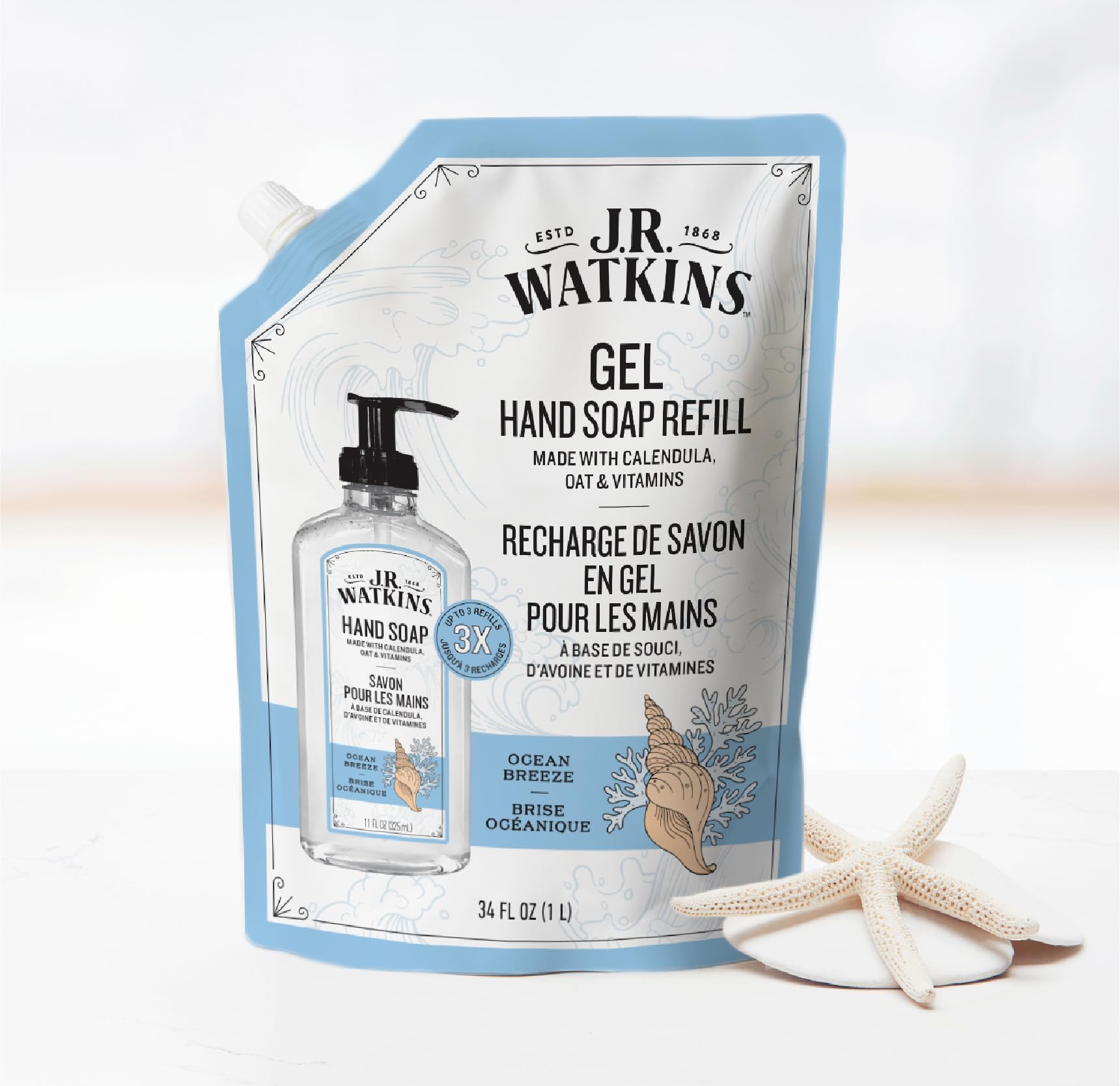 J.R. Watkins Gel Hand Soap Refill, Moisturizing Hand Wash, Formulated with Plant-Based Cleansers, Alcohol-Free, Cruelty-Free, Aloe & Green Tea, 34 Fl Oz, 2 Pack