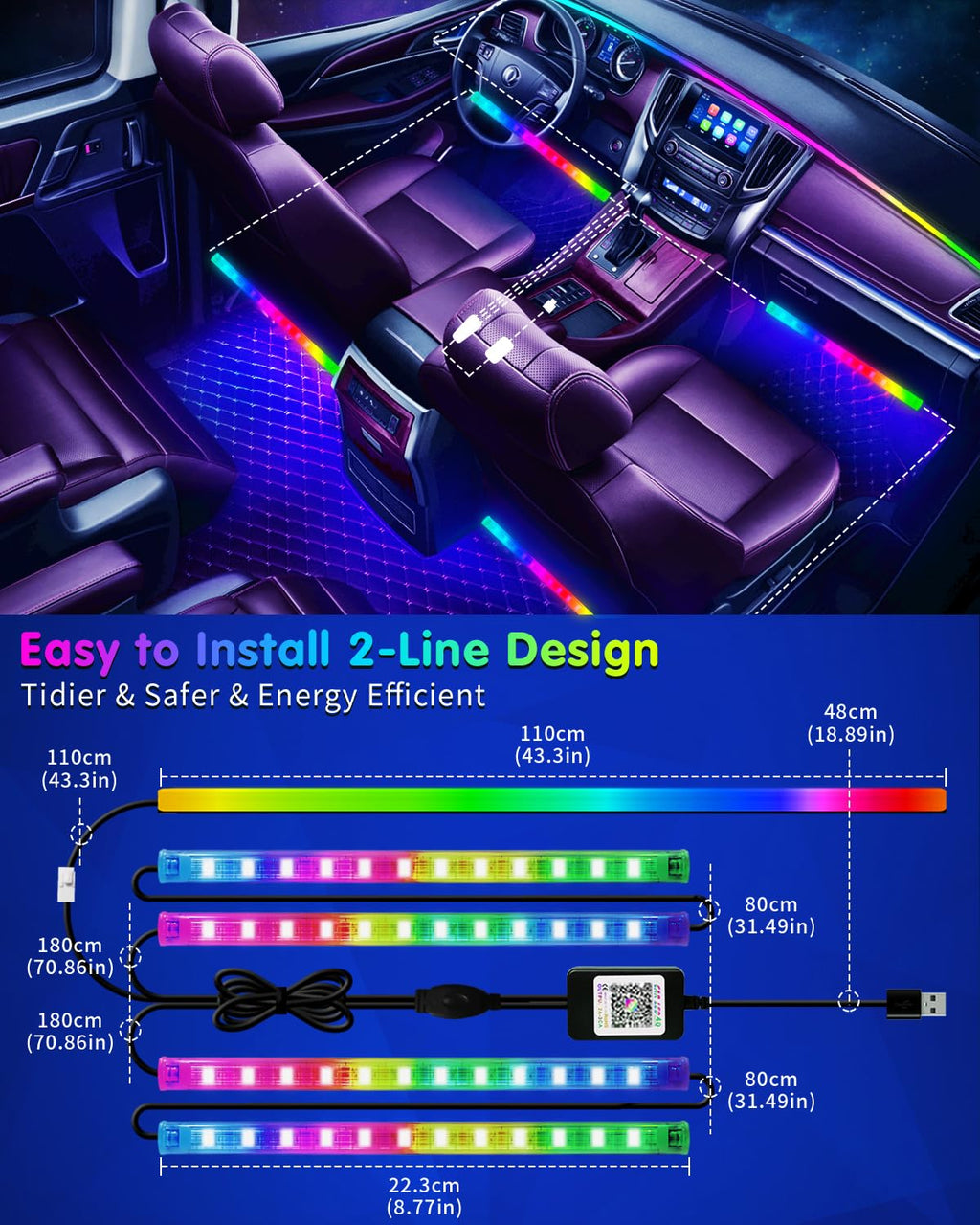 RGB Interior Car Strip Lights with Smart APP Control, Music Sync Under Dash Footwell Neon Internal Lighting Kit 2 Lines Design,12V LED Strip Lights for Cars, Trucks, SUVs with Car Charger(1 Set)