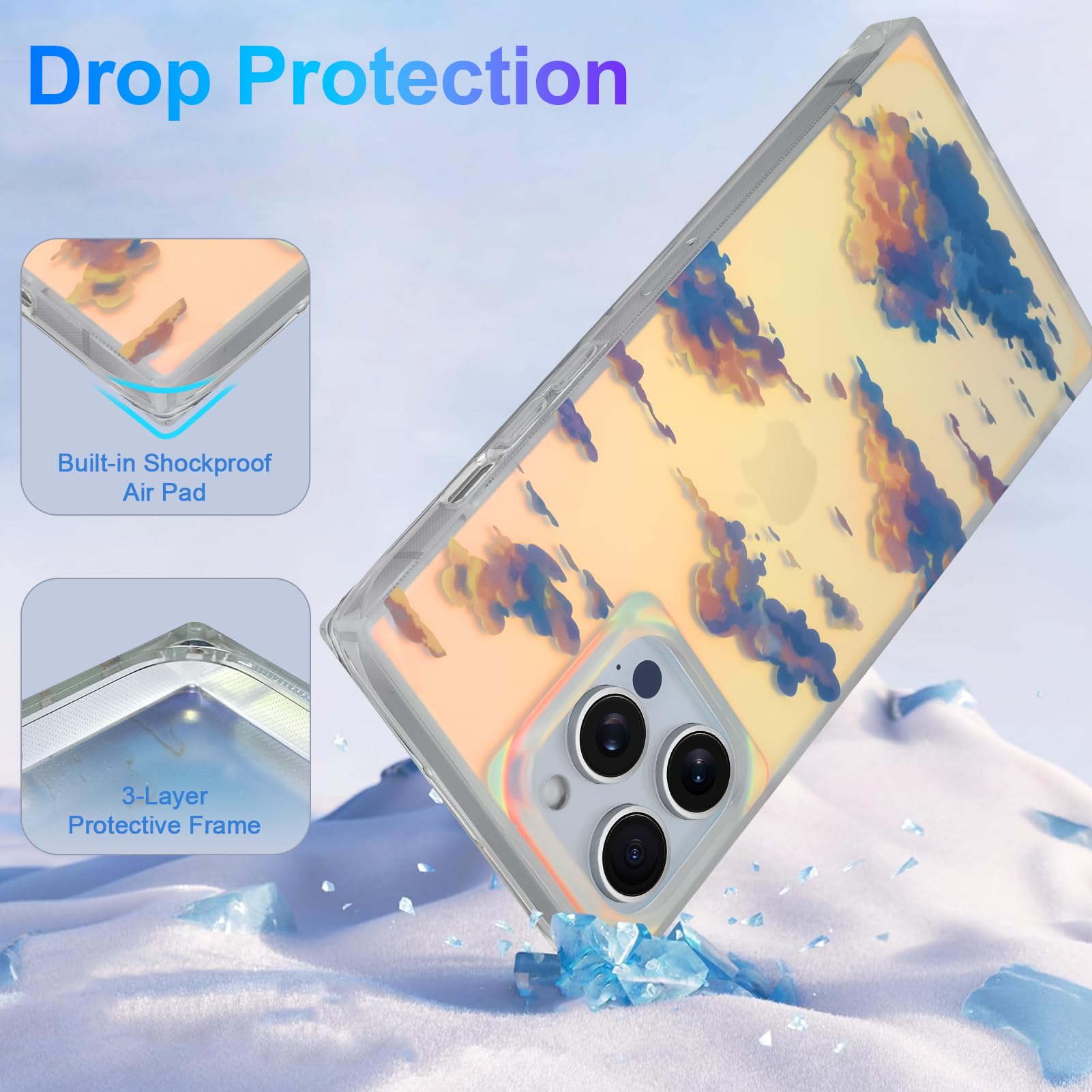 Cute Case for iPhone 13 Pro Case for Women Girls with Iridescent Cloud Pattern Design, Aesthetic Trendy Girly Matte Glitter Sparkly Rainbow Rectangle Protective Phone Cover, Sun Set Sky