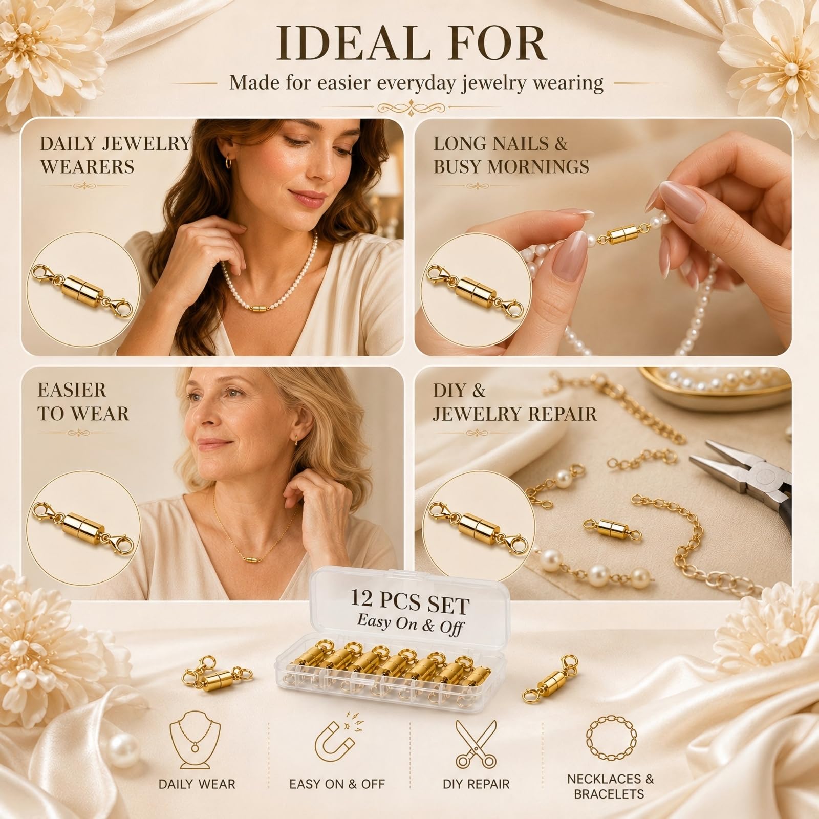 12 Pack Magnetic Necklace Clasps and Closures. Necklace Jewelry Extender with Strong Magnet. for Jewelry Necklace Bracelet Making. Gold and Silver Plating (12Pcs | Gold Cylinder)
