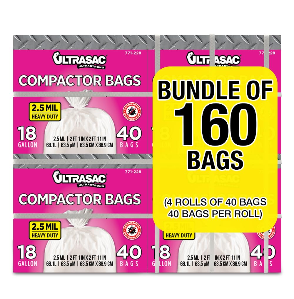 Ultrasac 18 Gallon 2.0 MIL White Drawstring Trash Bags - 25" x 28" - Pack of 50 - For Home, Outdoor, Industrial, & Commercial
