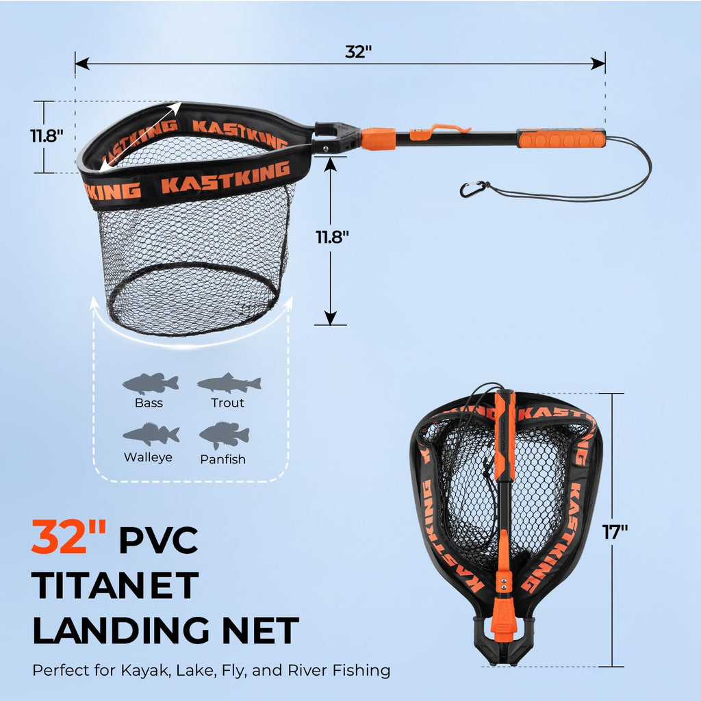 KastKing Titanet Fishing Net, Durable Aluminum Handle, Non-Slip Hi-Vis Grip, Compact Bag & Lanyard, Ideal for Kayak, Lake, Fly, or River Fishing, 2 Net Options