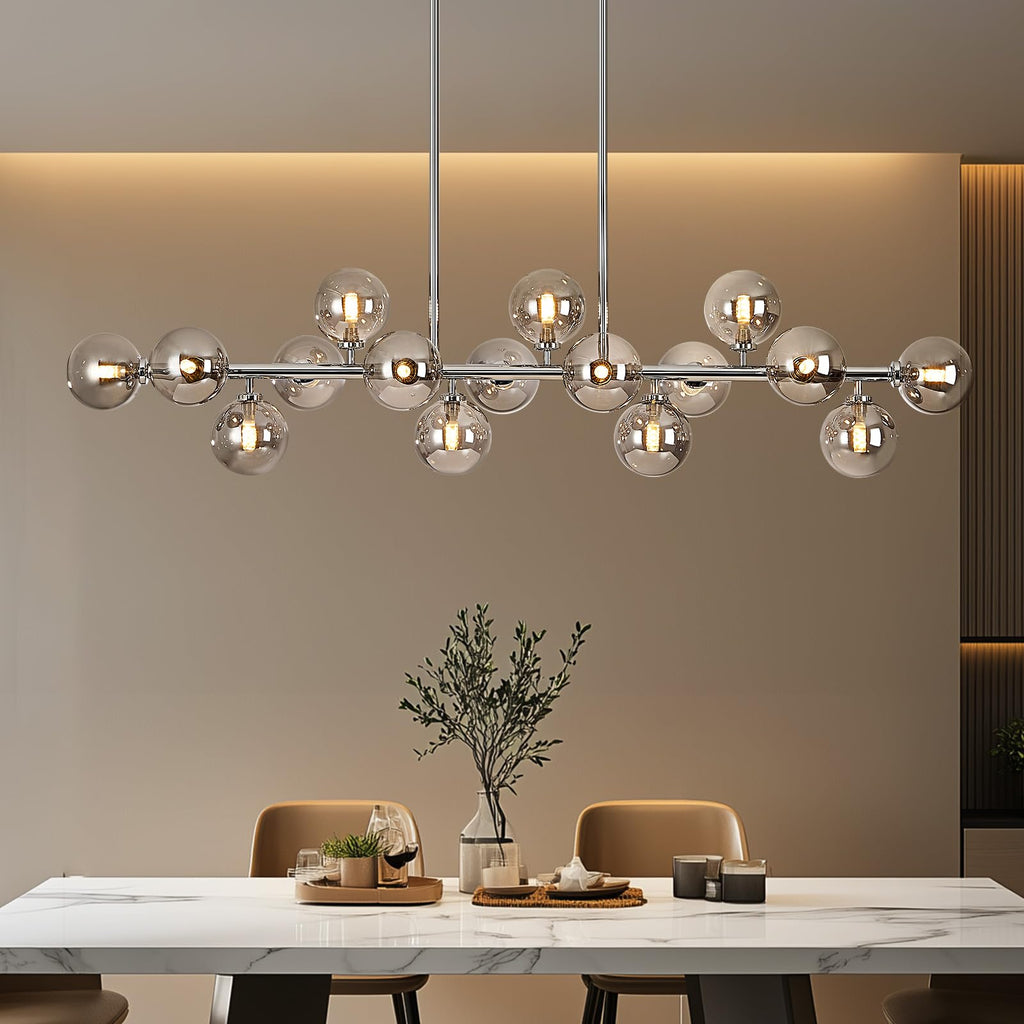 Modern Linear Chandeliers for Dining Room, 8-Light Globe Sputnik Pendant Ceiling Light, Black Dining Room Light Fixture Over Table, Mid Century Glass Milk White Bubble, 31.5 Inch, GC-09