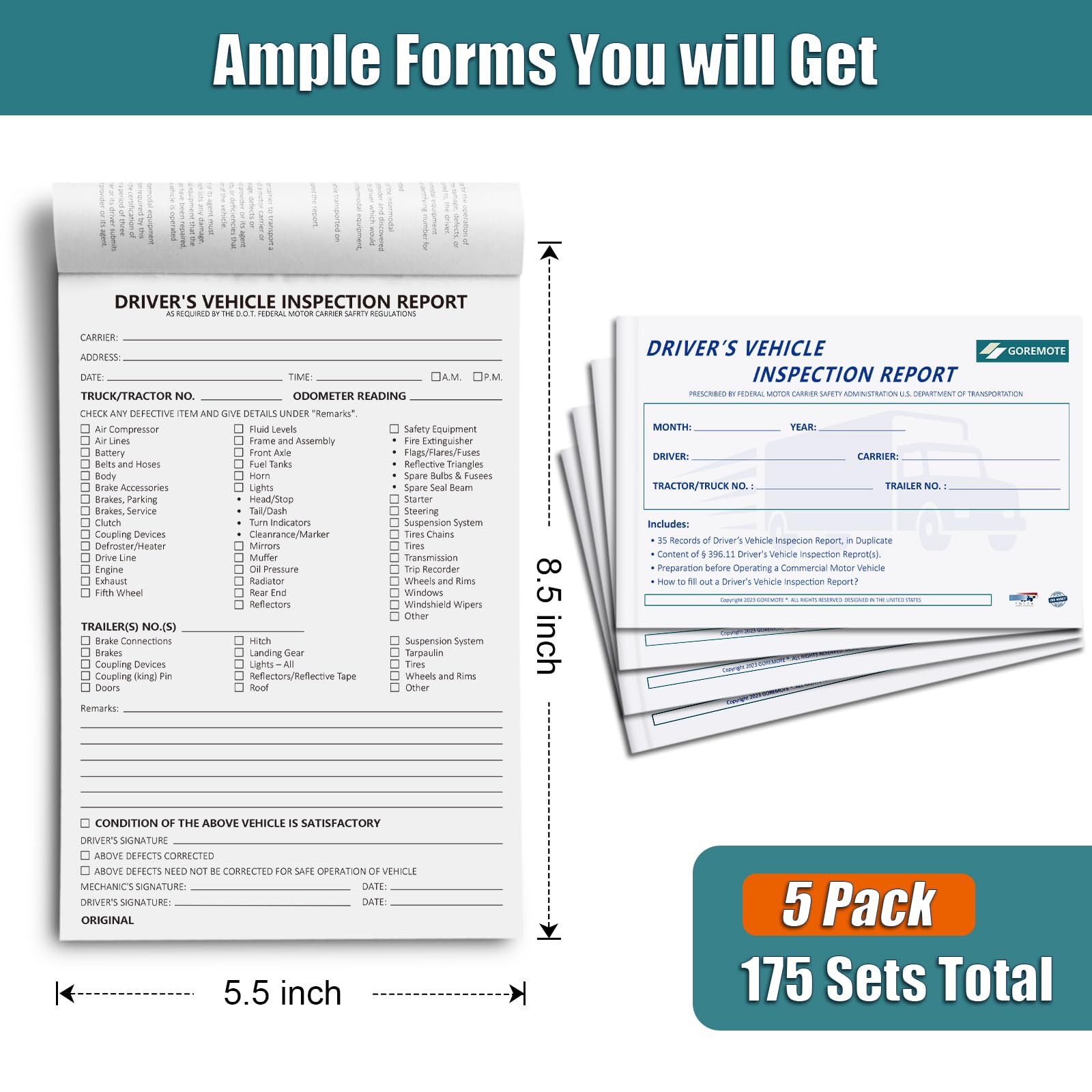 Detailed Driver's Vehicle Inspection Report, Daily Pre Trip Inspection Book for Trucker, 2-Ply Carbonless, 35 Sets of Forms per DVIR Log Book for Truck Drivers, 8.5" x 5.5", 1 Pack