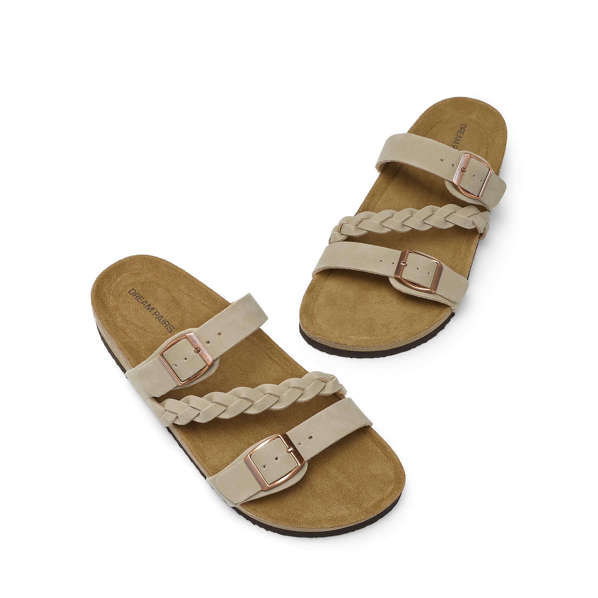 DREAM PAIRS Women's Slides Soft Cork Footbed Sandals Comfortable Walking Slip-on Flat Sandals Arch Support Adjustable Buckle Braided Straps Slippers