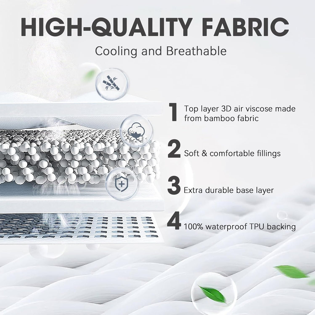 HYLEORY Queen Size Mattress Protector - Waterproof Bamboo-Viscose Cooling Mattress Pad Cover, Breathable 3D Air Fabric, Noiseless Washable Fitted Sheets Protectors with Deep Pocket Up to 21", White