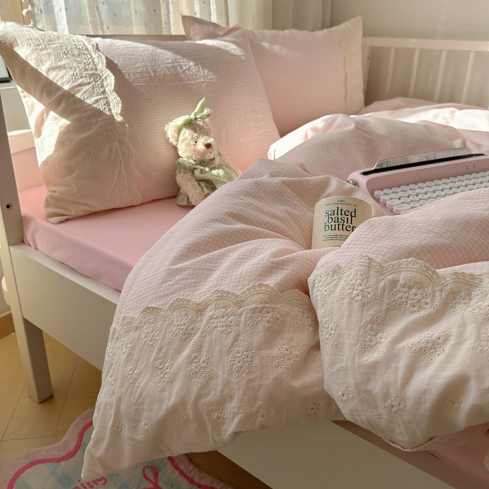Pink Flower Duvet Cover Twin Chic Floral Print Ruffle Duvet Cover Cotton Lace Comforter Cover Country Style Floral Bedding Set Romantic Ruffle Comforter Cover Flower Bedding Cover with 2 Pillowcases