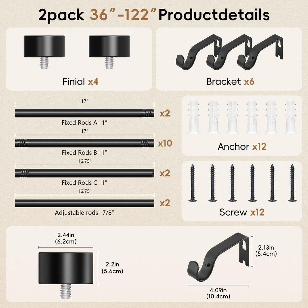 OLV Black Curtain Rod 36 to 45 Inch, 1 Inch Adjustable Modern Curtain Rods for Windows, Decorative Heavy Duty Window Treatment Rods with End Cap Finials, Telescopic Splicing Drapery Pole, Easy Install