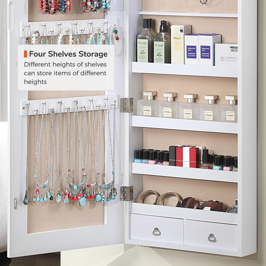 GISSAR Full Length Mirror Jewelry Cabinet, 6 LEDs Jewelry Armoire Wall Mounted Over The Door Hanging, Jewelry Organizer Storage with Lights Lockable, Black, 14.6" x 47.2"