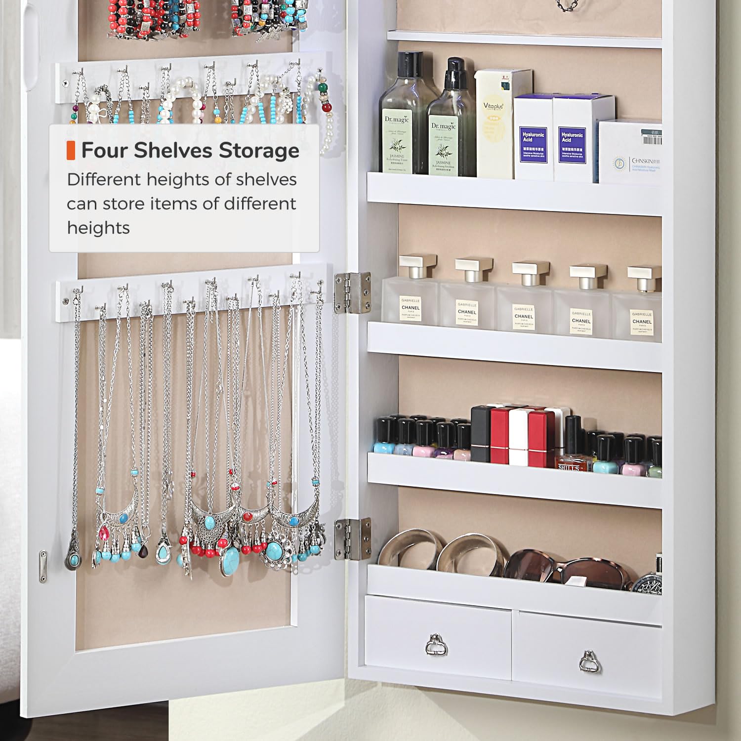 GISSAR Full Length Mirror Jewelry Cabinet, 6 LEDs Jewelry Armoire Wall Mounted Over The Door Hanging, Jewelry Organizer Storage with Lights Lockable, Black, 14.6" x 47.2"