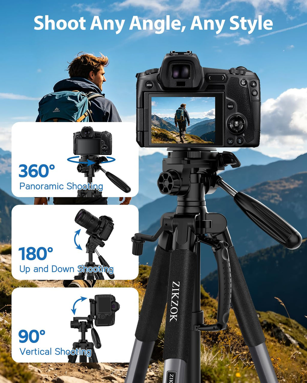 75" Camera Tripod, Aluminum Heavy Duty Camera Stand for ipad Phone, Travel Tripod with/Carry Bag/Phone Tablet Holder, Compatible with Canon Nikon Sony DSLR, Spotting Scopes, Max Load 15 Lb(Black)