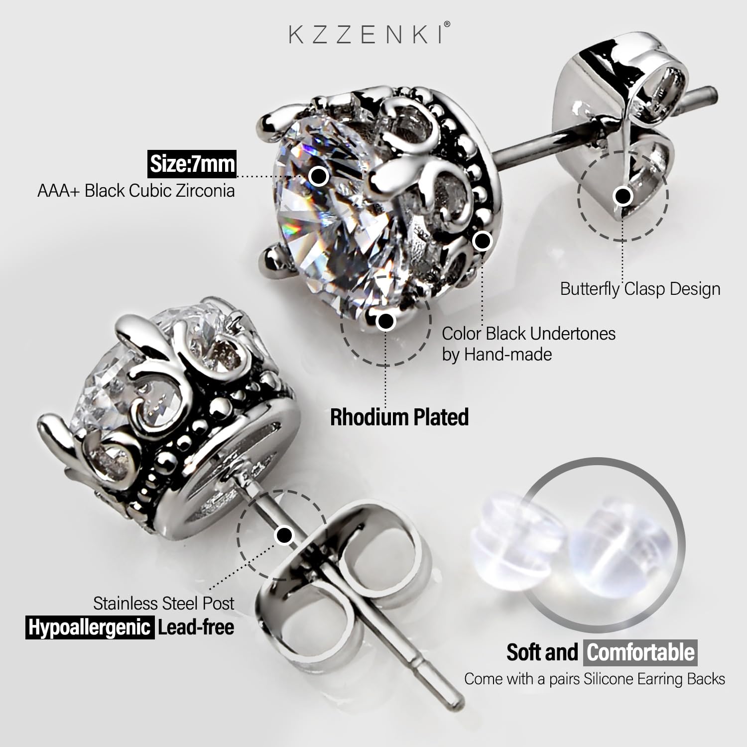 Retro Dark Shadow Stud Earrings, Hypoallergenic Stainless Steel Cubic Zirconia Earrings