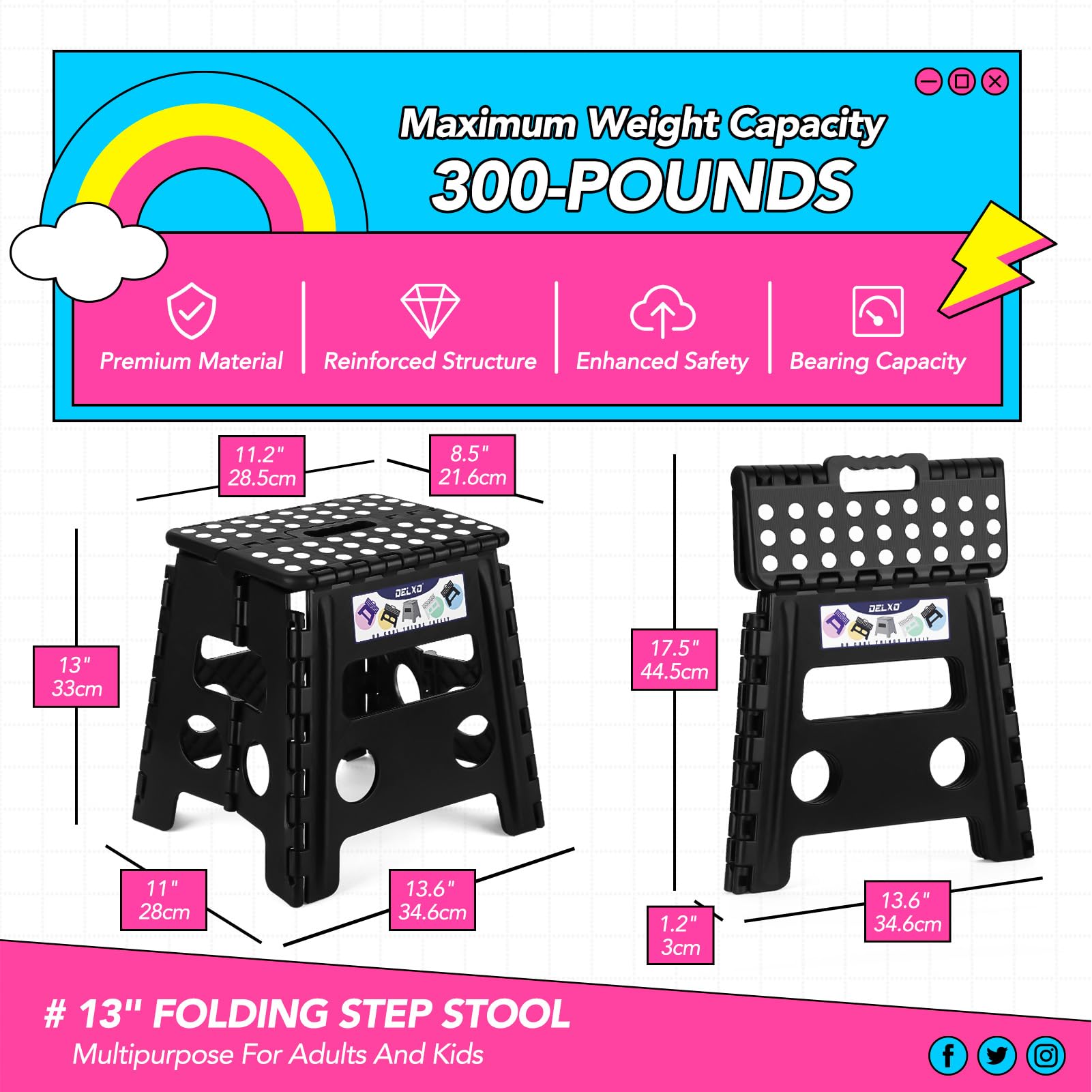 Delxo 11 inch 2 Pack Folding Step Stool, Non-Slip Foldable Stools Up to 300 LBS, Step Stool with Handle, Lightweight Collapsible stools for Kitchen, Bathroom, Bedroom, Garden (Black)
