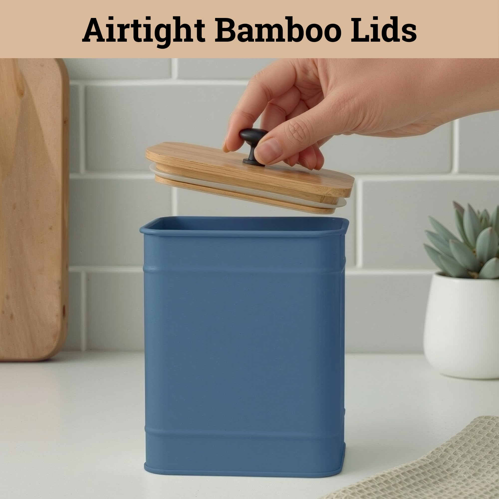 Kitchen Canisters for Countertop Set of 4 w/ Chalkboard Labels & Marker Pen | Airtight Easy Open Bamboo Lids, Dent-Resistant Thick Metal, Customizable Chalkboard Labels, Marker Pen Included, Set of 4