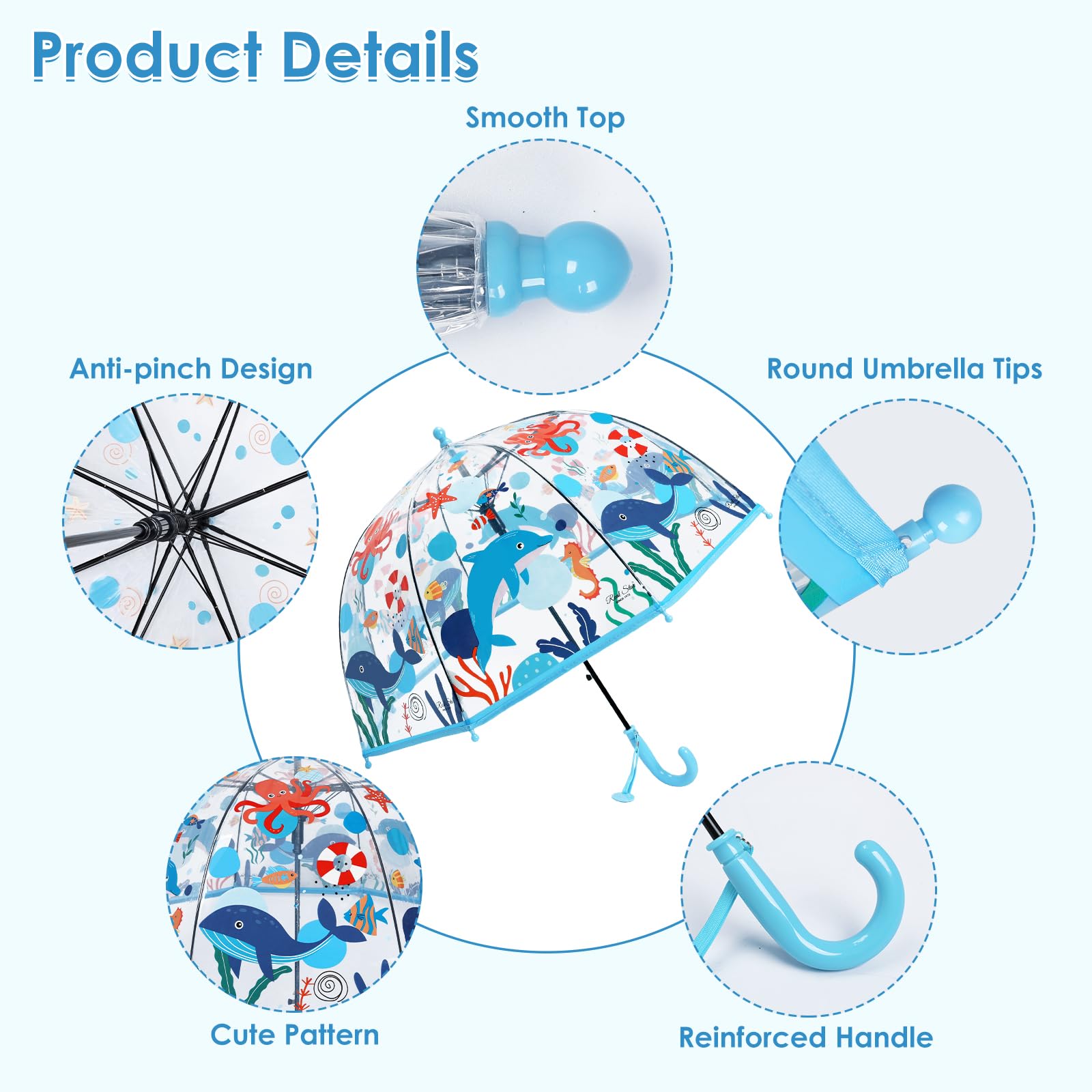 decalsweet Kids Umbrella Clear Bubble Umbrellas for Rain,Transparent Dome Safety Windproof Umbrella with Easy-Grip Hook Handle for Toddler Girls and Boys
