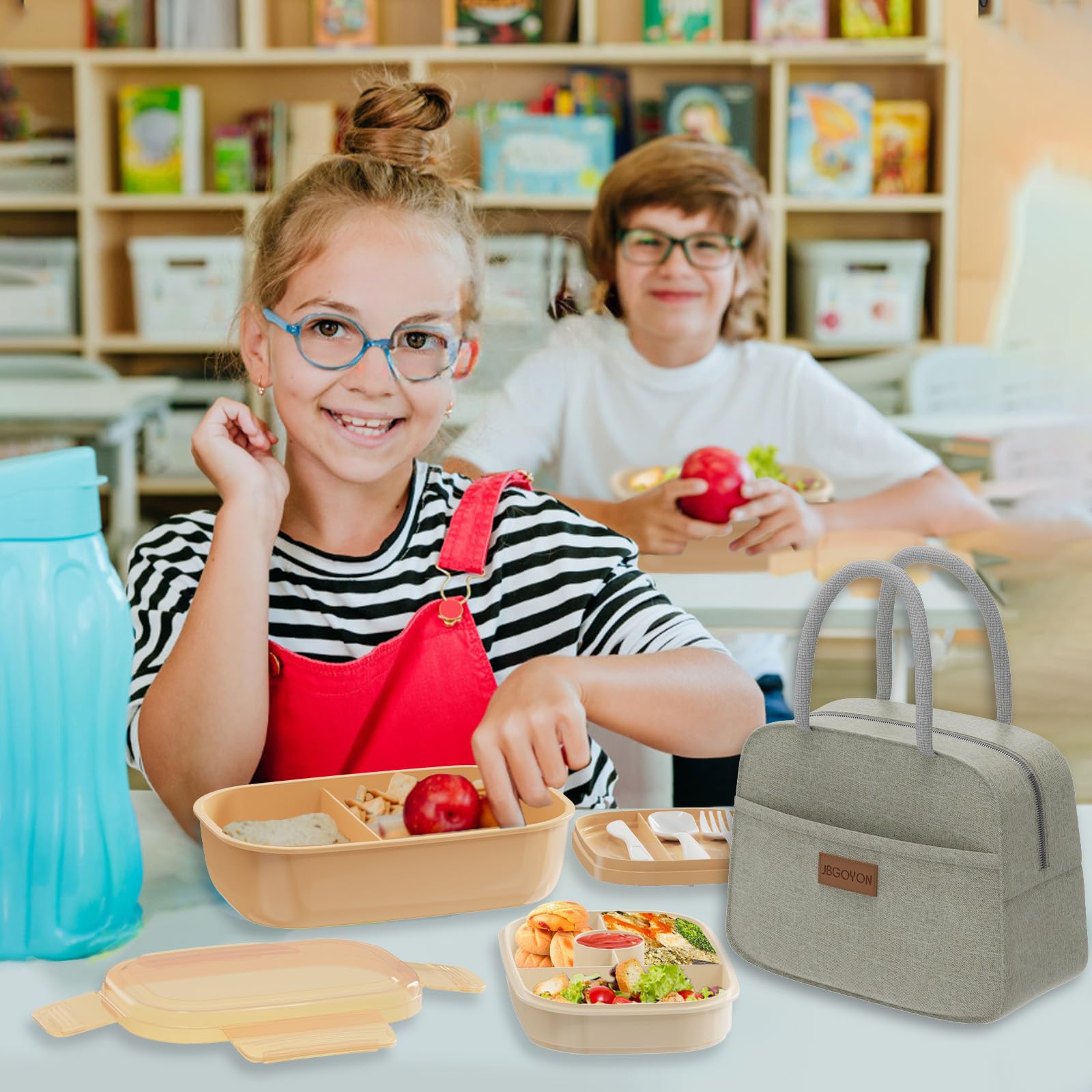 JBGOYON® Bento Lunch Box Set - 3 Stackable Containers for Adults and Kids- Includes Lunch Bag, Leak-Proof and BPA-Free - Built-in Utensil Set and Snack Bag - Dishwasher Safe(Grey Black)