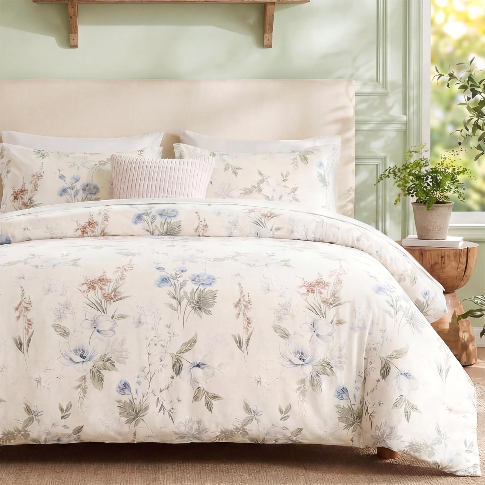 100% Natural Cotton Comforter Set Queen 3 Pcs Grayish Blue Bedding Sets with Luxurious Damask Pattern, Reversible Breathable Soft Comforter Sets for All Season